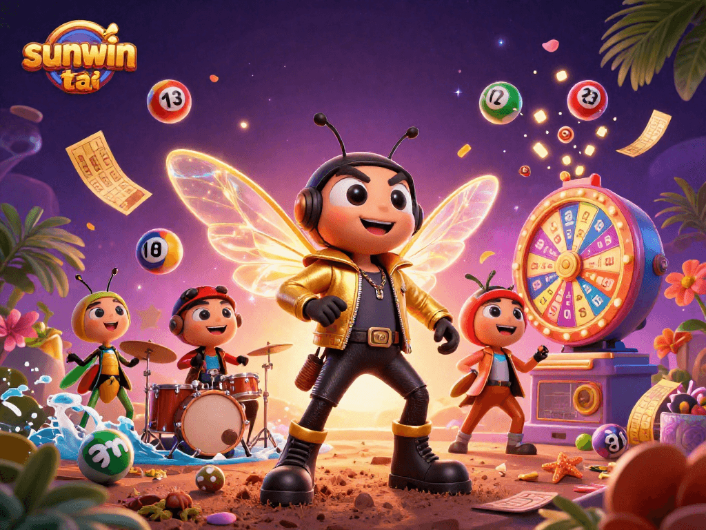Celebrate wins with sunwin tải in a vibrant 3D illustration featuring a rock star cicada and dynamic lottery elements.