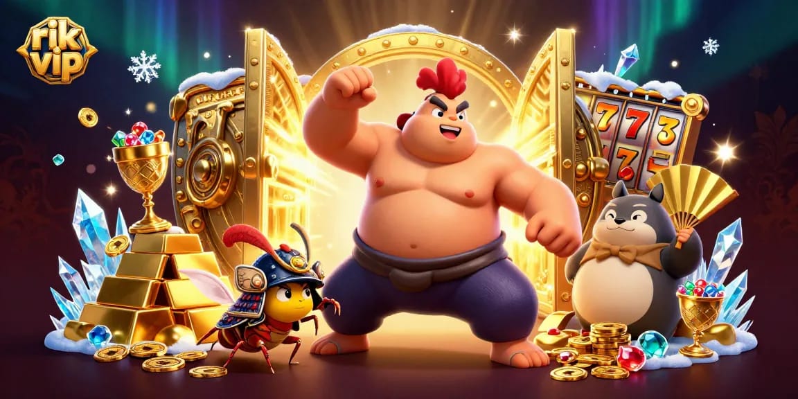 Experience the energy of rik vip with 3D sumo rooster, samurai cricket, and jackpot symbols!