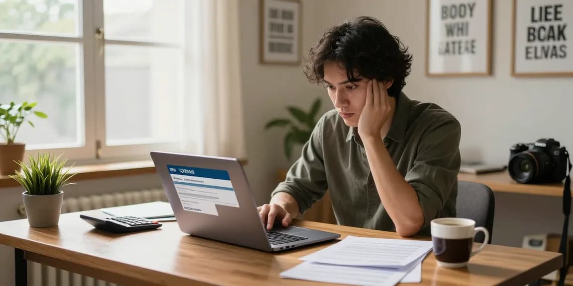 Applying for a $200 loan online at RadCred, focused on a laptop with financial documents, warm home office setting.