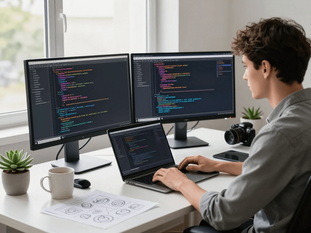 Explore spicy AI innovations in a modern tech workspace with coding and design elements.