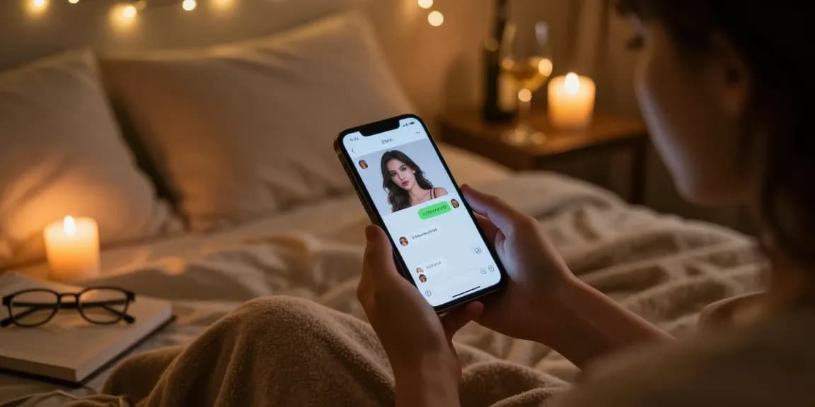 Engaging in intimate AI sexting with a lifelike character in a cozy bedroom setting.