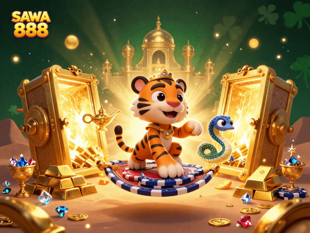 SAWA 888 invites players to experience thrilling jackpots amidst a dazzling desert scene.