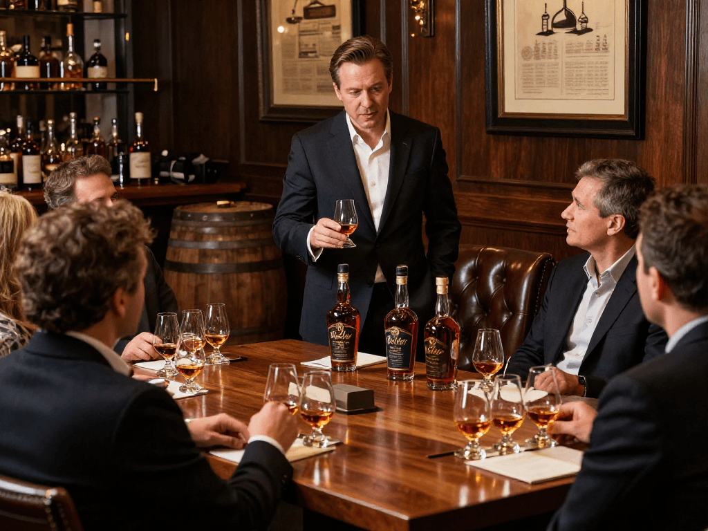 Weller CYPB bourbon tasting scene in a sophisticated bar with expert sommelier.