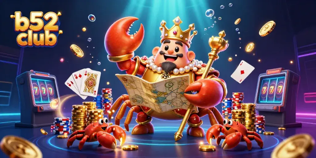 Experience the thrill of b52 club with a golden crab emperor and treasure-filled casino-themed scene.
