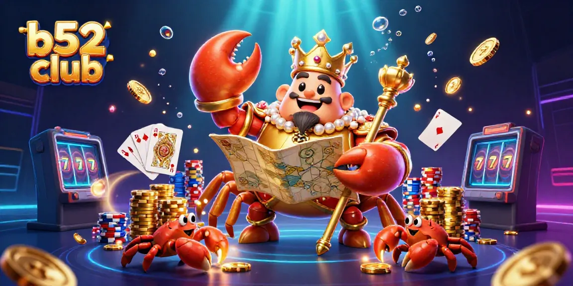 Experience the thrill of b52 club with a golden crab emperor and treasure-filled casino-themed scene.