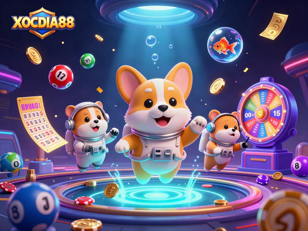 Experience the excitement of XOCDIA88 with a vibrant casino-themed 3D illustration showing fun characters and gambling elements.