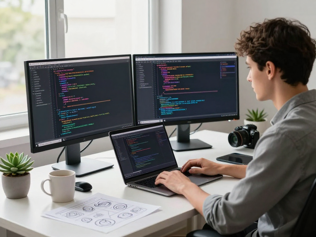 Explore spicy AI innovations in a modern tech workspace with coding and design elements.