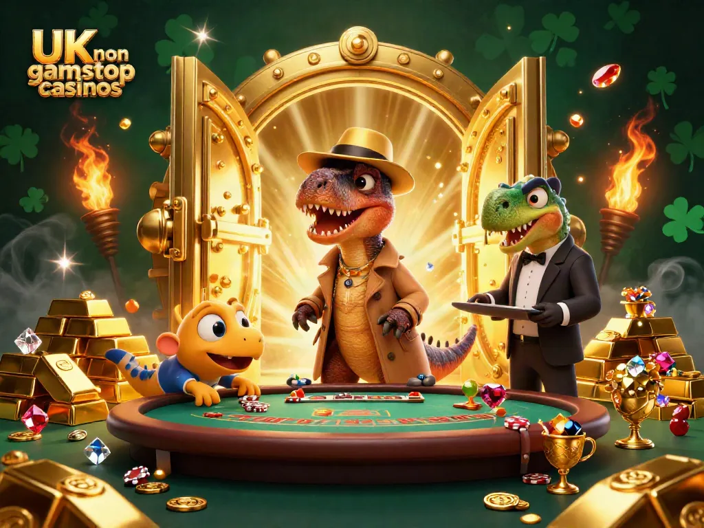 Engaging scene of UK non gamstop casinos with a velociraptor card counter and treasure elements.