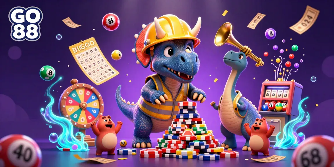 Celebrate with the engaging GO 88 scene featuring triceratops and lottery excitement.