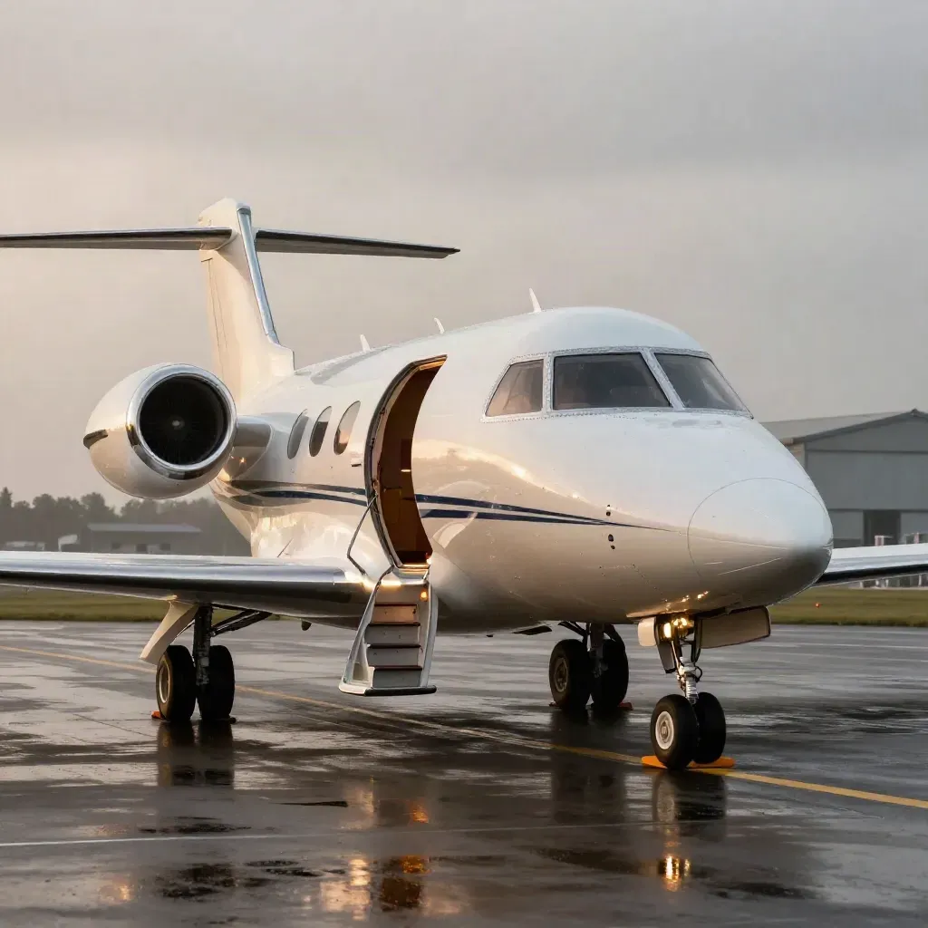 Private jet on a wet runway with lit steps, a ground cone, and a hazy hangar edge at dusk
