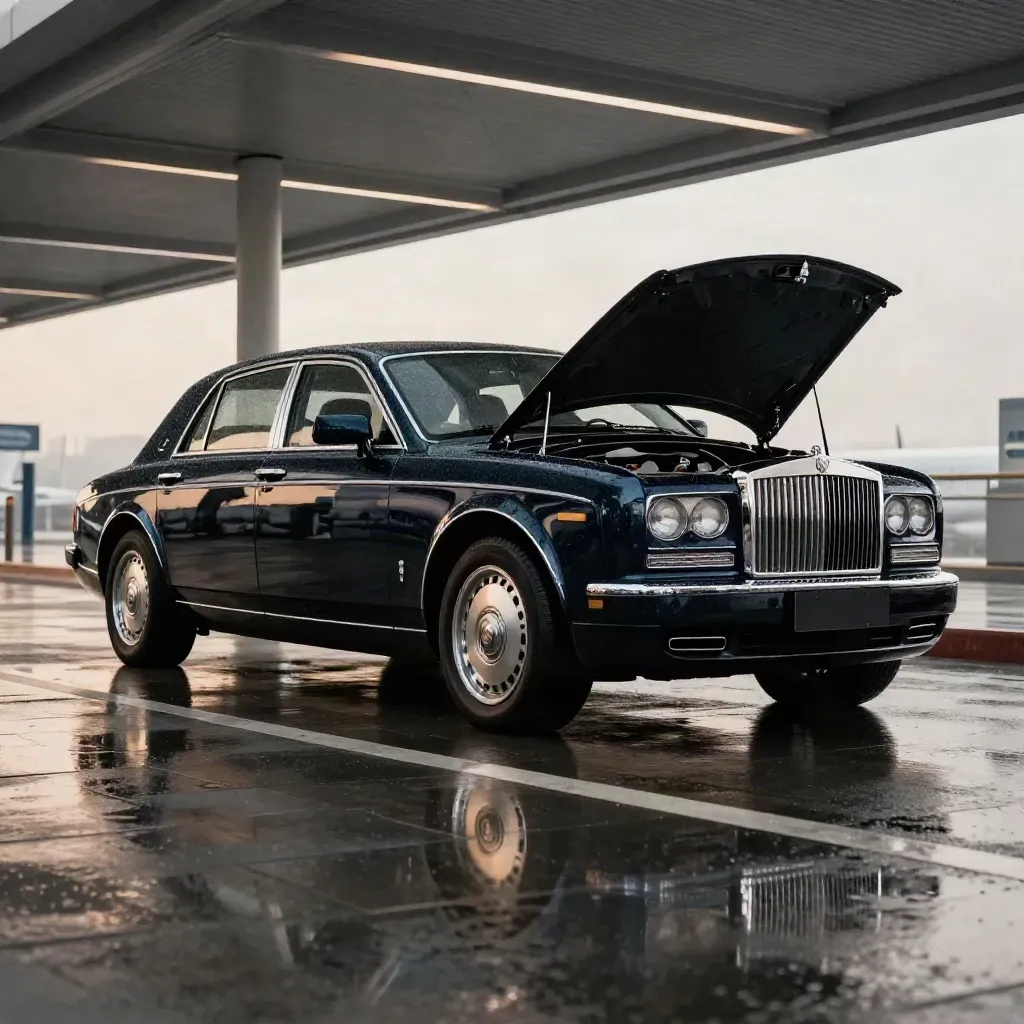 Black executive saloon under a rainy private terminal canopy, chrome trim glowing on wet stone.