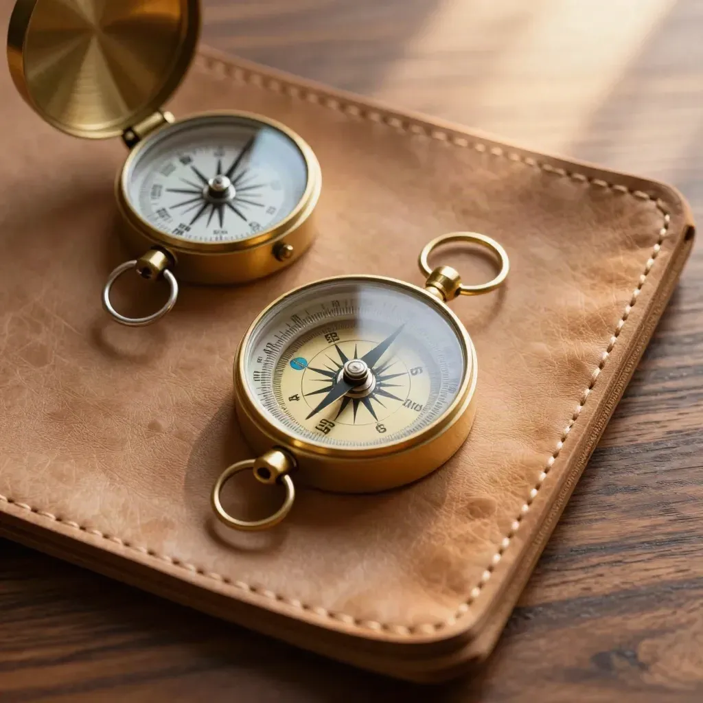 Brass compass, route markers and wind dial on a warm walnut flight-planning surface.