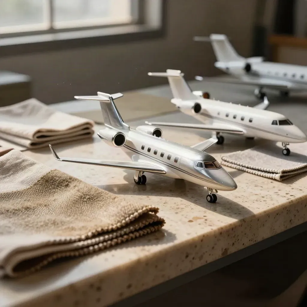 Three miniature private jet models and cabin fabric swatches on travertine, one model highlighted.