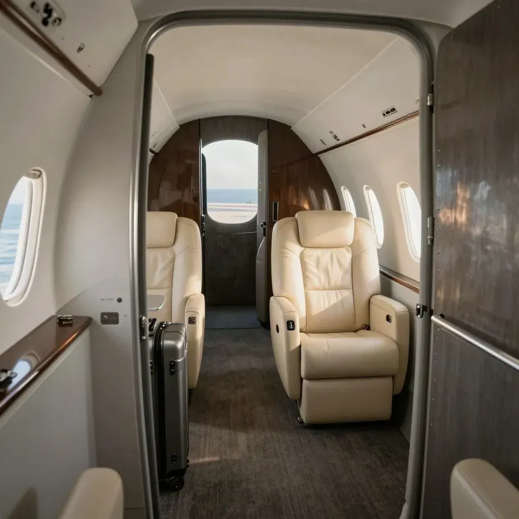 Empty private jet cabin with one suitcase, open doorway, and sea haze beyond the stand.