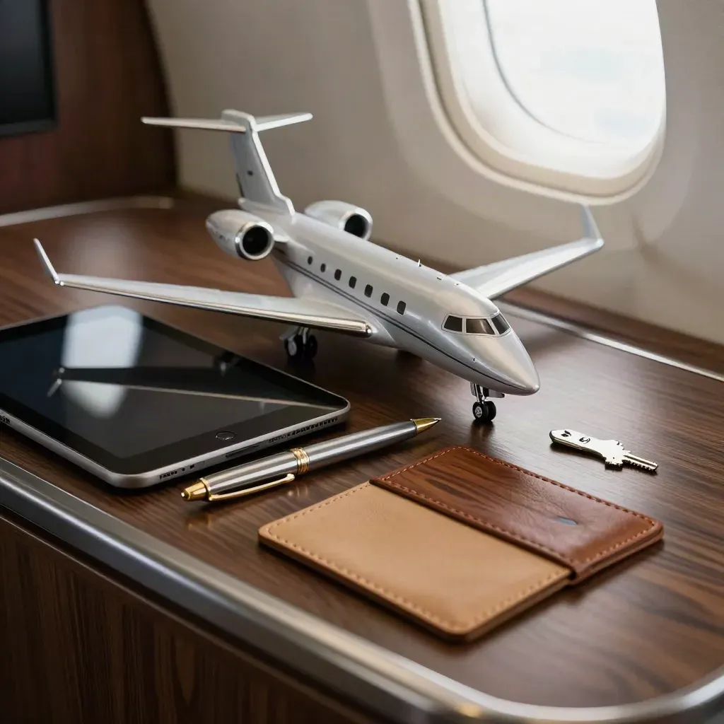 Private jet model, tablet, pen and leather swatch card on a walnut charter console