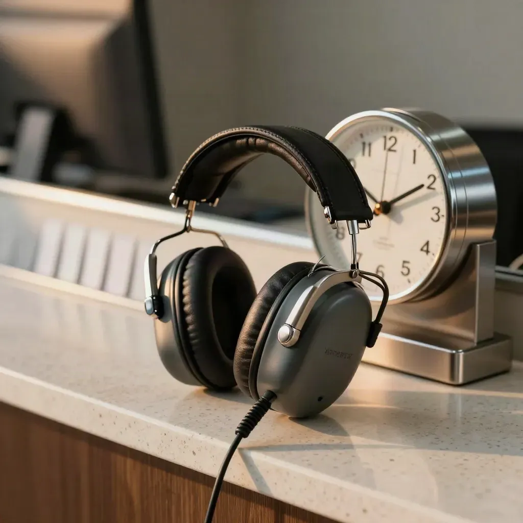 A macro still life of aviation headsets, a metal clock and flight-strip rack on a travertine console.