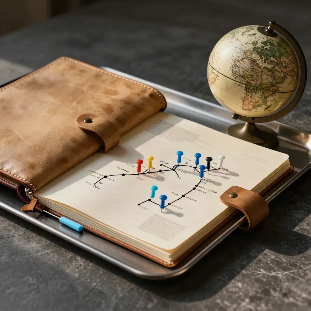 Leather travel folio, globe and sky-blue destination pins on a steel tray