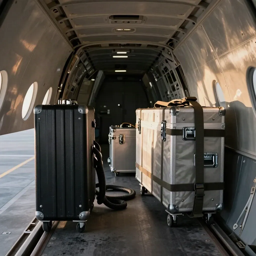 Cargo hold packed with strapped flight cases and cables, ready for an expo transfer.