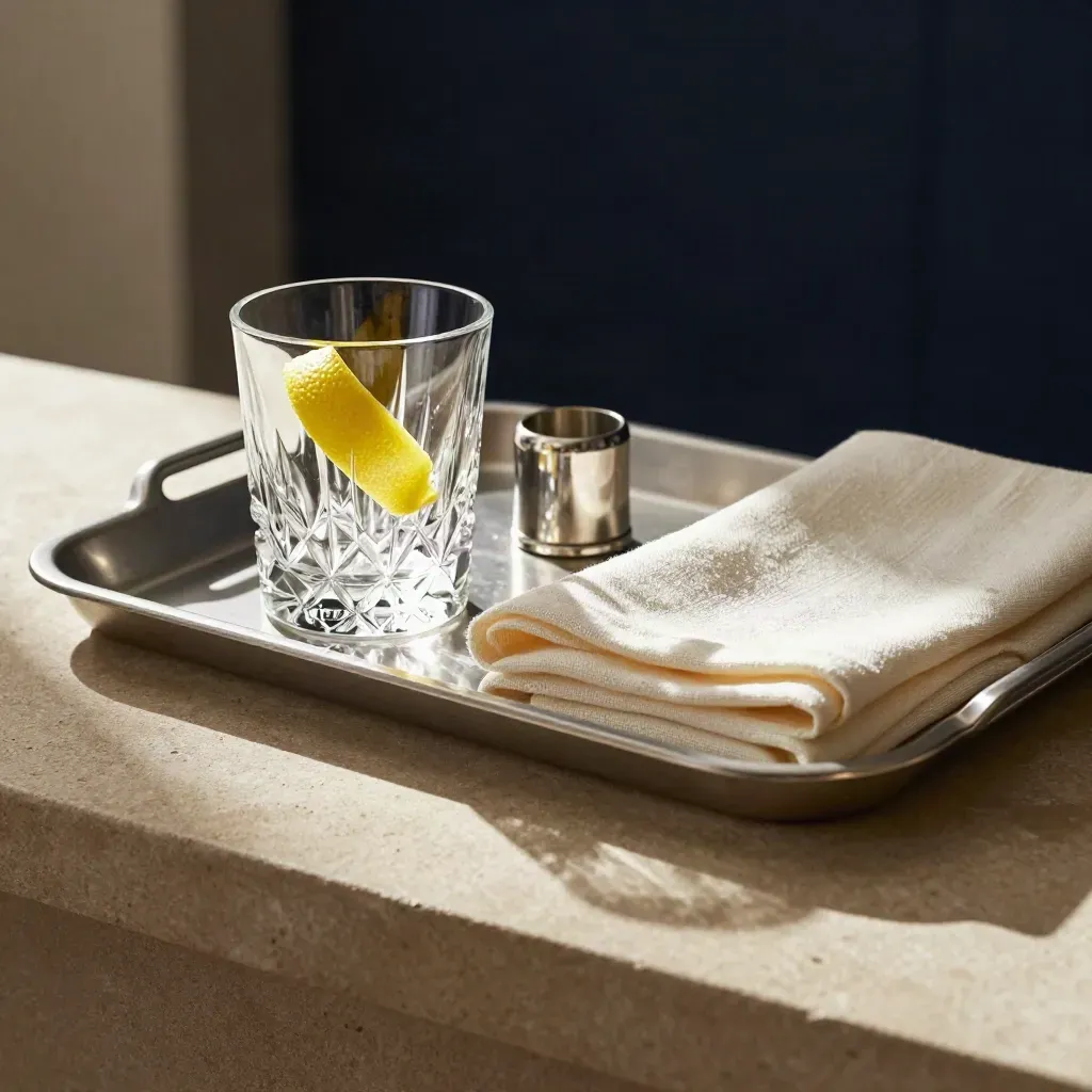 Crystal tumbler with lemon twist, silver napkin ring and tray edge on stone in soft daylight.