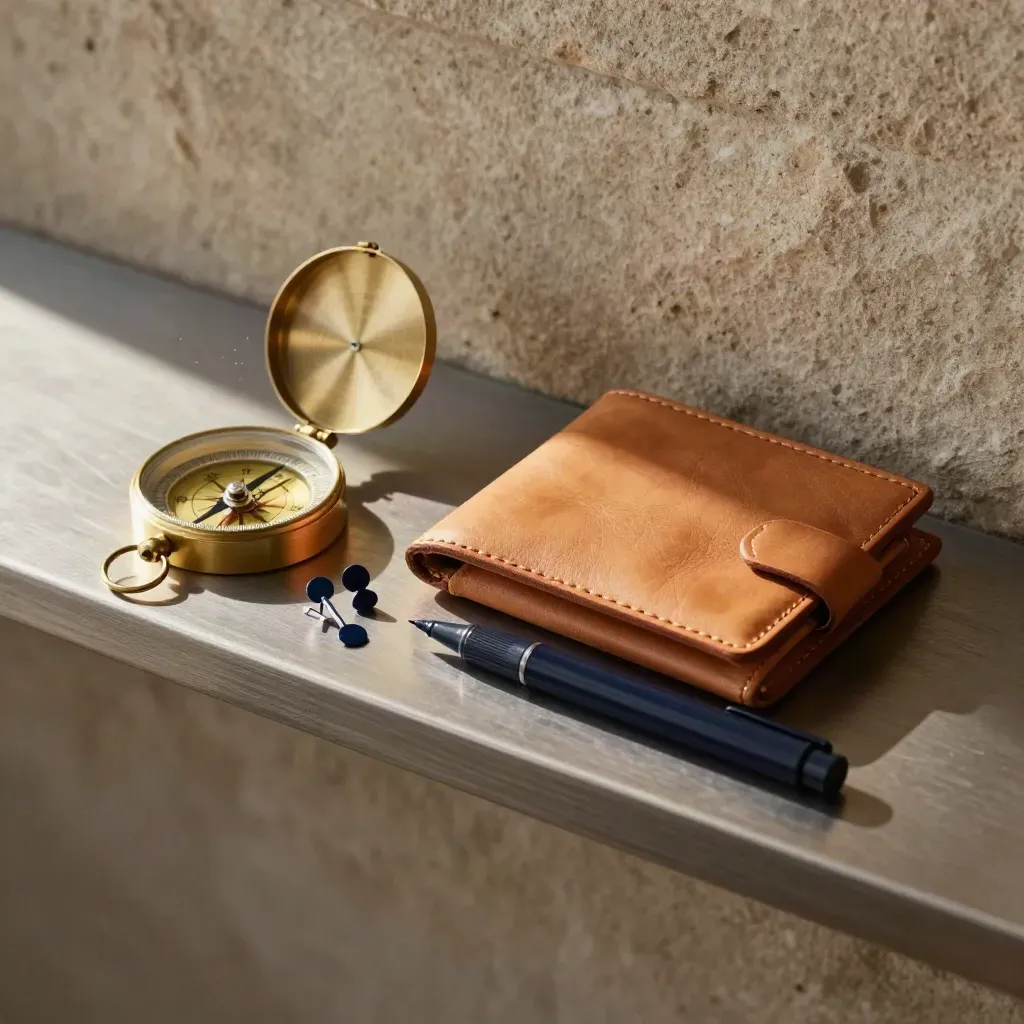 Brass compass, leather travel wallet and route pins on a brushed steel shelf in side light.