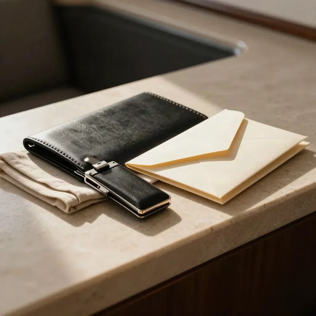 Matte-black trip folio, metal keycard sleeve and sealed envelope on a pale stone tray.