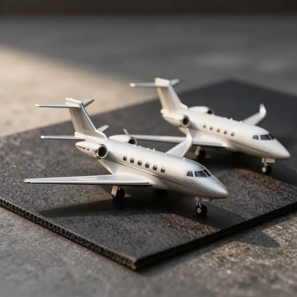 Three miniature jet models on stone, with the middle jet pulled forward by light.