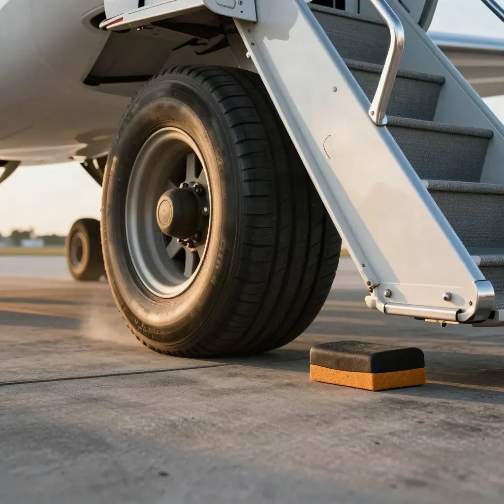 Wheel chock easing from a jet tire beside boarding stairs on a glistening apron.