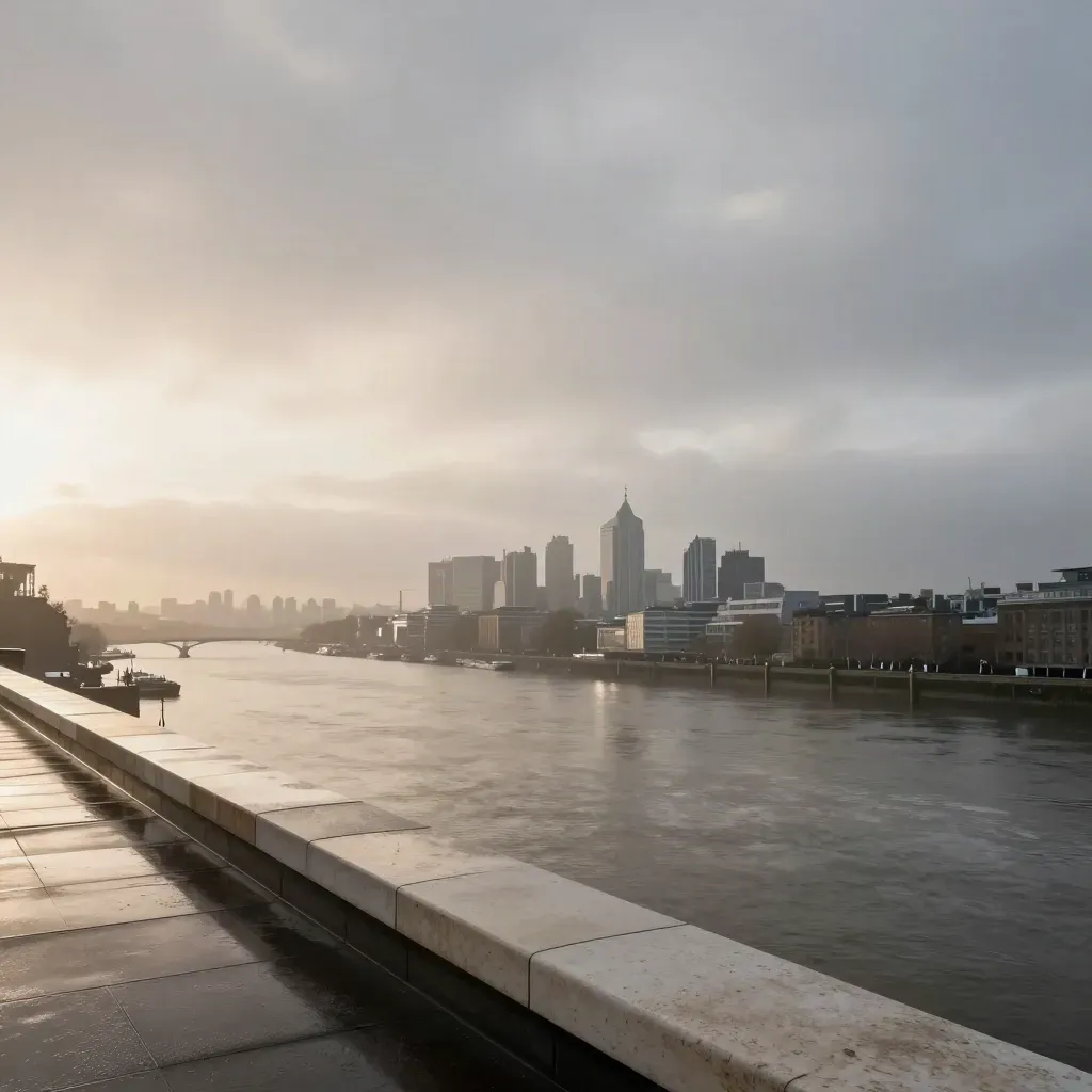 Thames dawn haze with London silhouetted high above a calm reflective river.