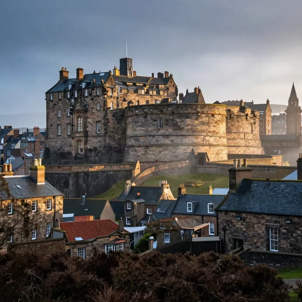 Edinburgh Castle above the old town in warm post-rain light, with haze and slate roofs below