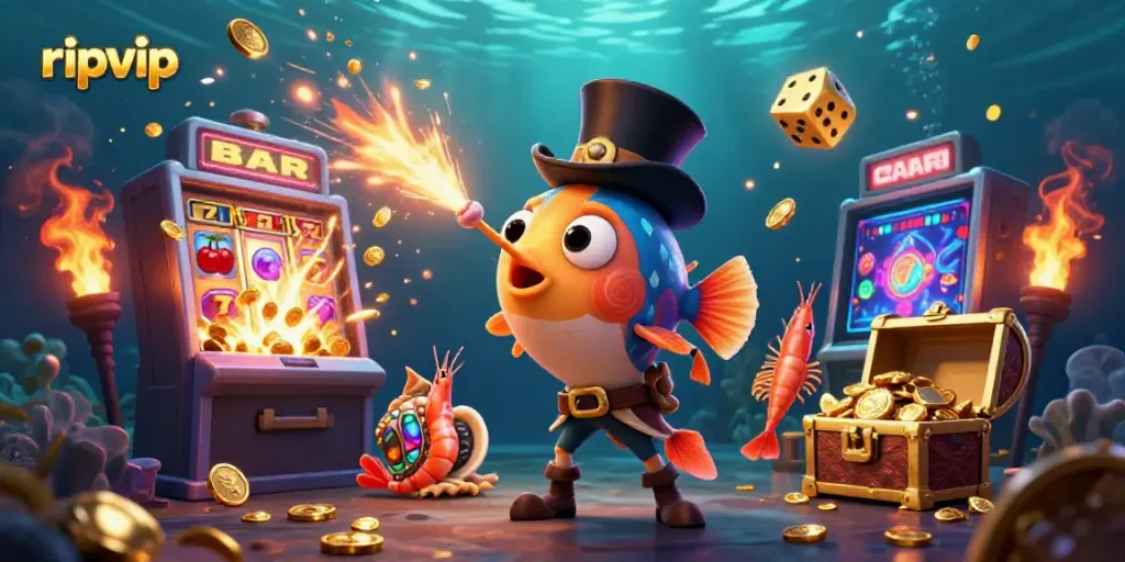 Capture the excitement of ripvip with vibrant slot machines and animated sea creatures in a rich underwater scene.