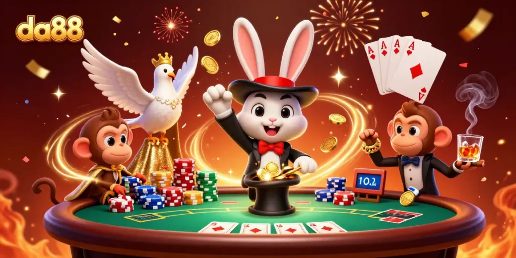 Experience the magic of da88 with a whimsical rabbit, dove, and monkey in a vibrant casino scene.