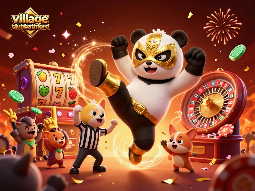 Experience excitement at villageclubbathford with a flying wrestler panda and vibrant casino elements.