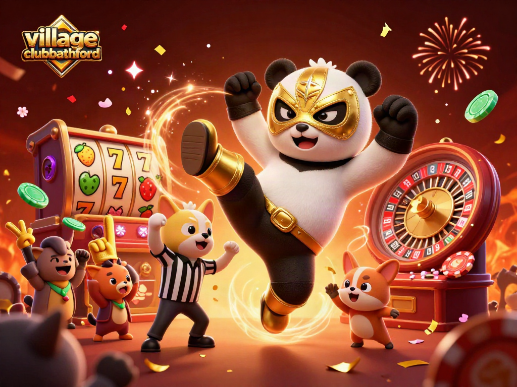 Experience excitement at villageclubbathford with a flying wrestler panda and vibrant casino elements.