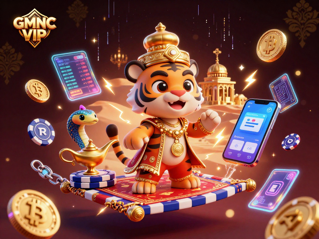 Bet confidently with GMNC VIP, showcasing an enchanting casino atmosphere with 3D characters and crypto elements.