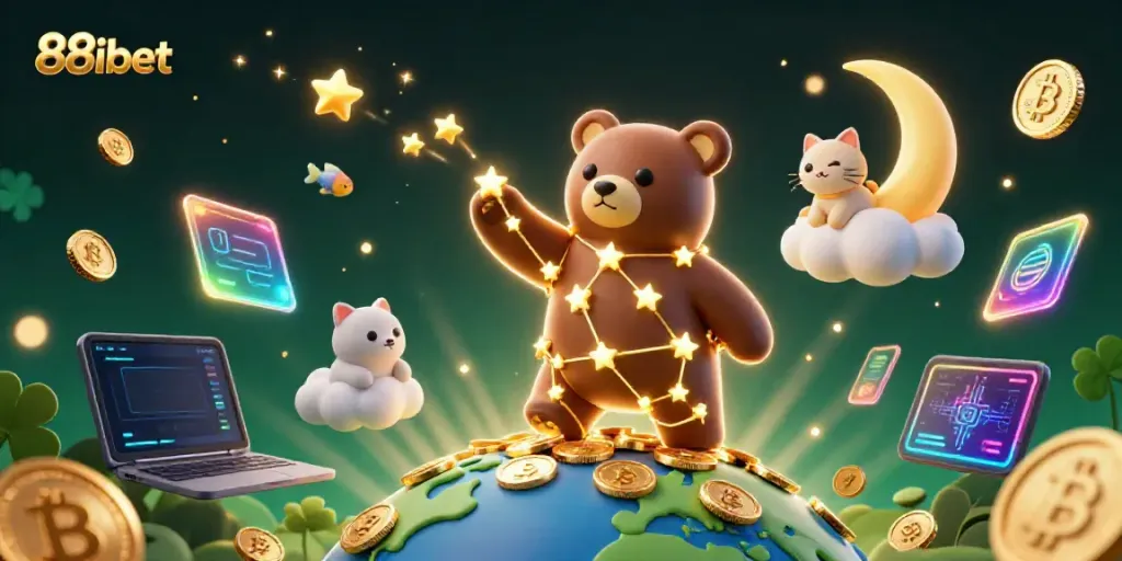 88ibet constellation bear collecting coins with shooting star fish, symbolizing gaming rewards and cryptocurrency.
