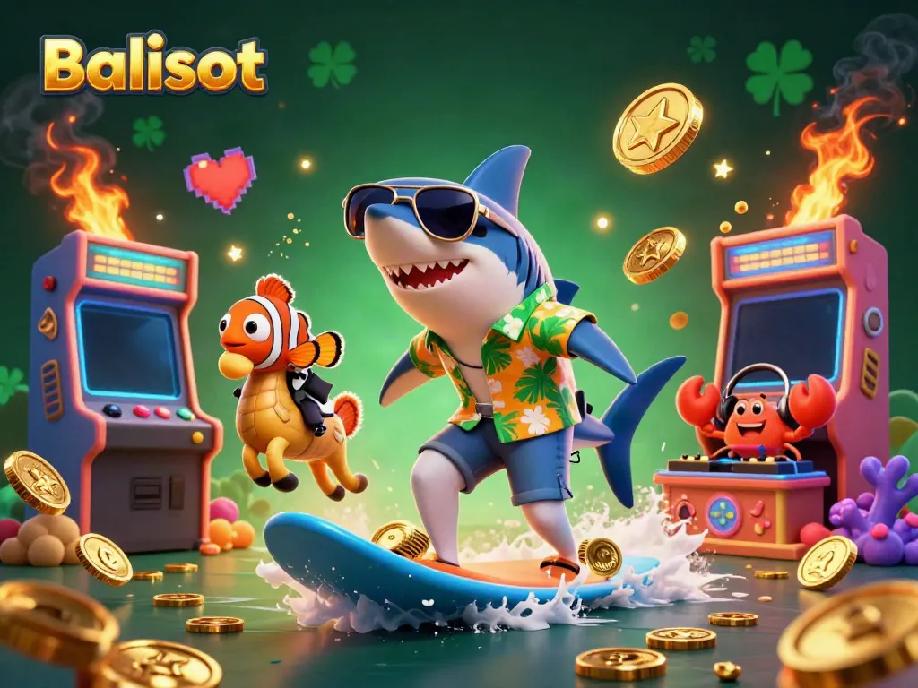 Engage with Balislot as shark and friends celebrate gaming wins amidst coins and vibrant arcade machines.