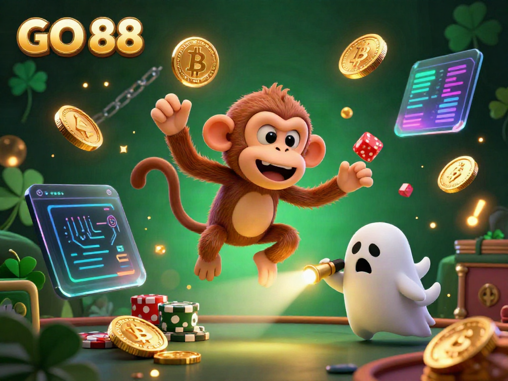 Enjoy the haunted casino experience at GO 88 with a playful ghost and puppy revealing treasures.