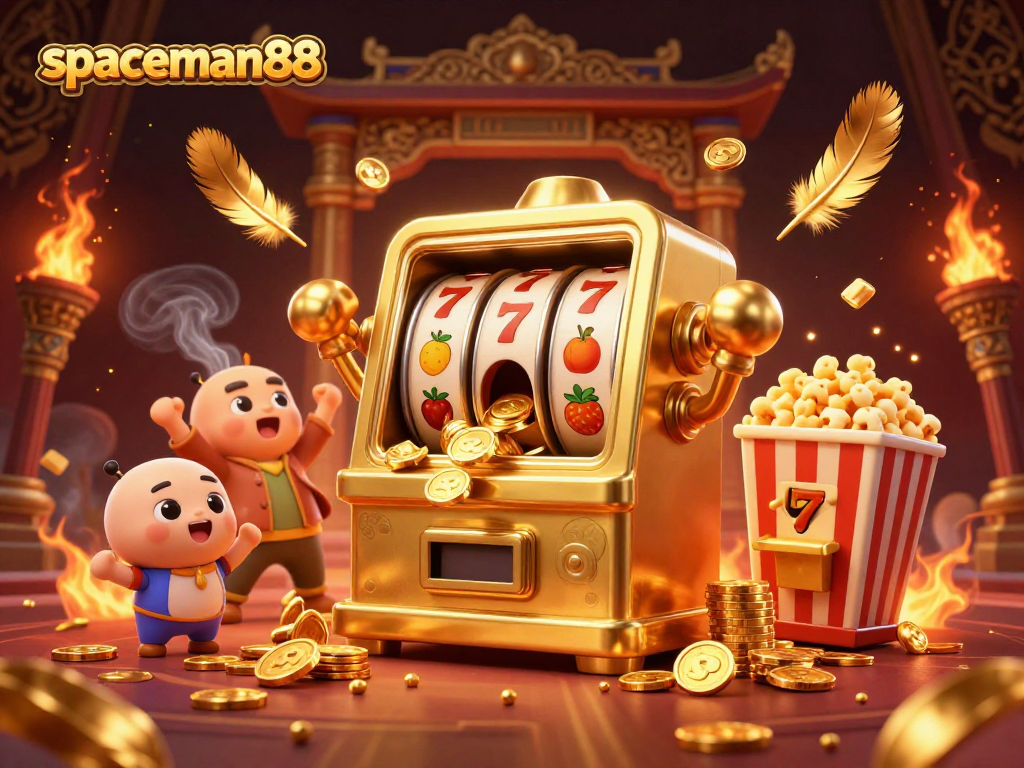 spaceman88 celebrates a big win with glowing coins in a vibrant cinematic casino scene
