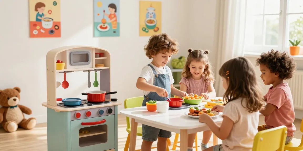 Kids enjoying a vibrant toy kitchen set, enhancing creativity and imagination in a playful environment.
