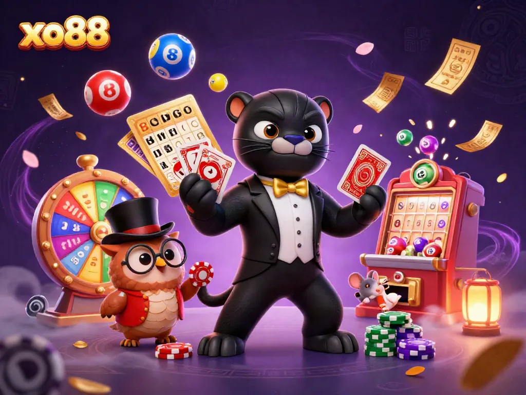 Engage with the thrilling world of xo88 as a stylish panther deals cards, surrounded by vibrant gambling elements.