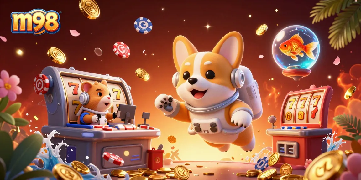Experience exciting m98 gameplay with a playful corgi astronaut in a vibrant casino.