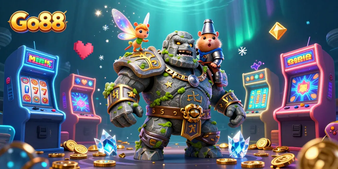 Engage in thrilling slots at Go88 with a magical scene featuring a golem, fairy, and hamster knight!