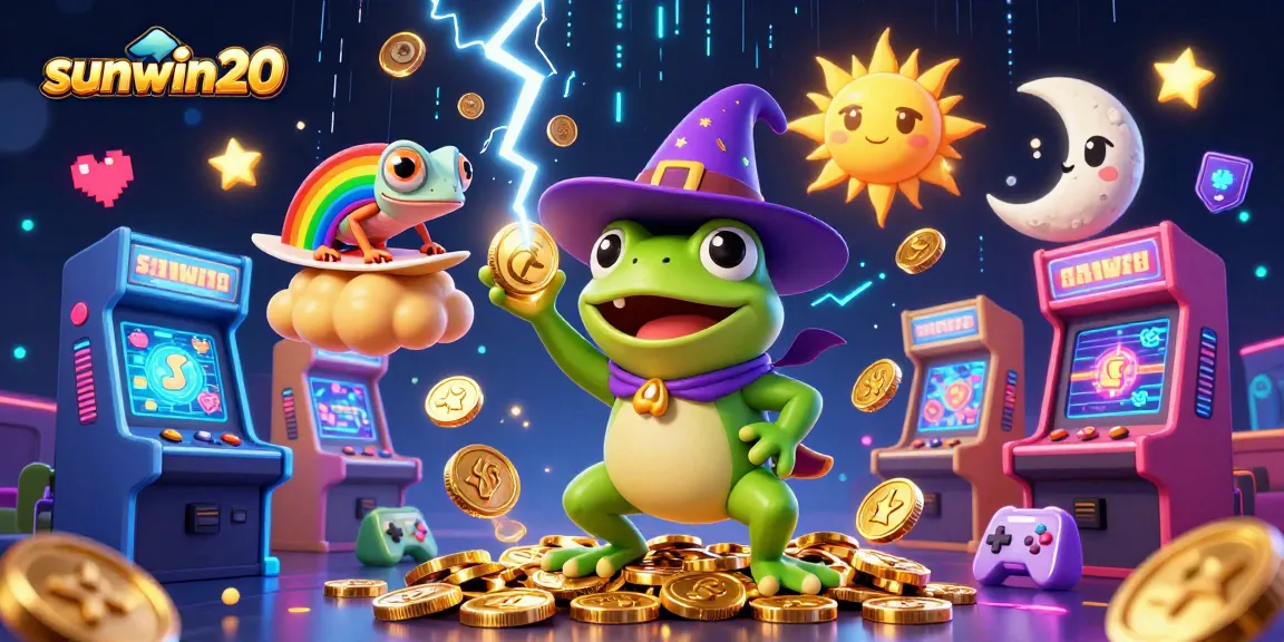 Experience winning with sunwin20 in a vibrant, colorful casino-themed illustration of characters and games.