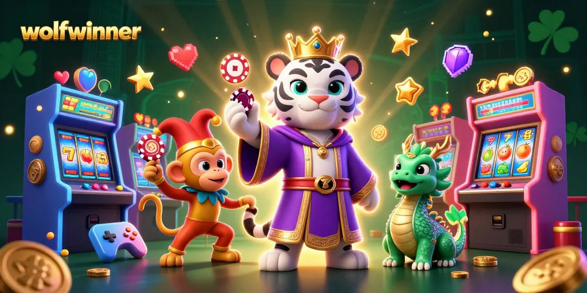 Engage with wolfwinner's vibrant 3D scene showcasing a royal tiger, playful monkey, and jade dragon in a busy casino environment.