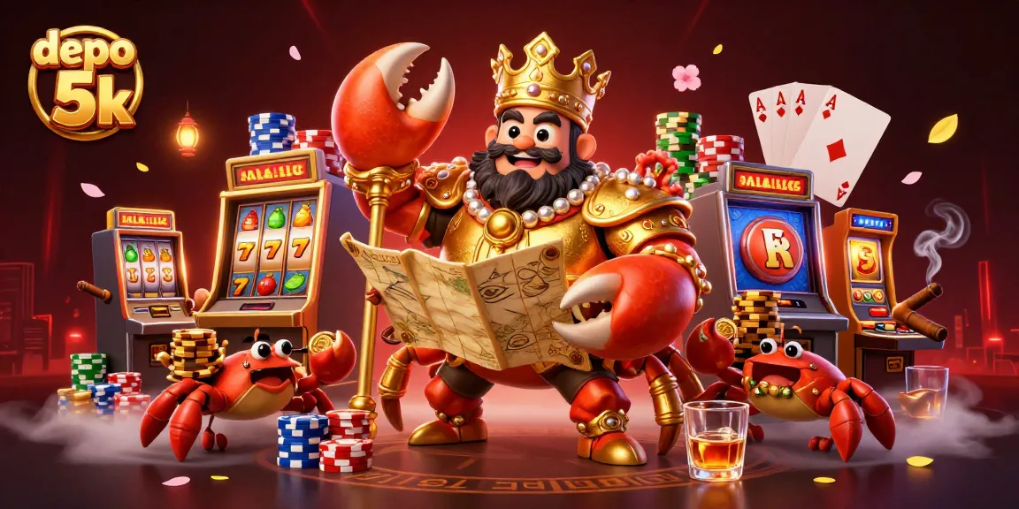 Engage with the thrilling world of depo 5k slots as the golden crab emperor presides over an animated casino scene.