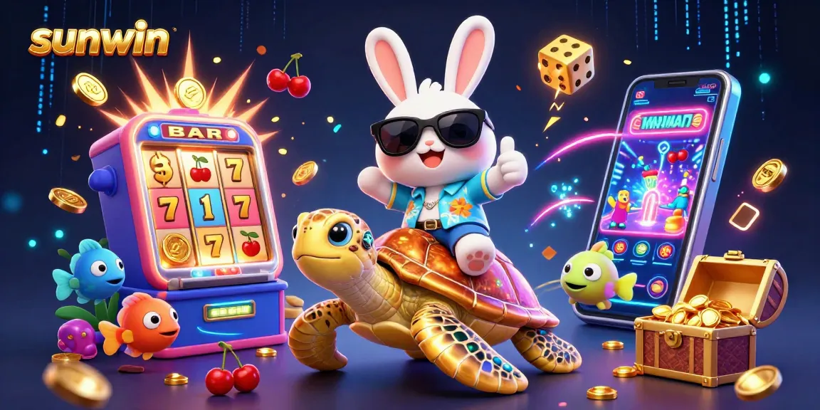 Experience the thrill of winning at sunwin with our vibrant casino illustration featuring a lucky rabbit and golden turtle.