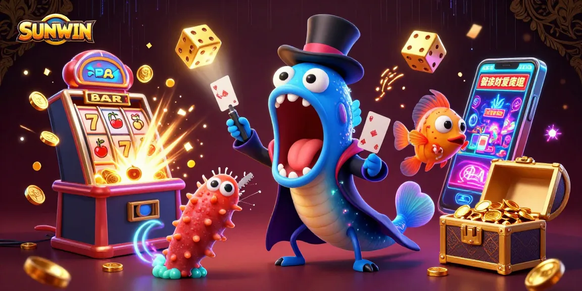 Experience winning thrills with SUNWIN in this vibrant casino-themed illustration featuring magical sea creatures.